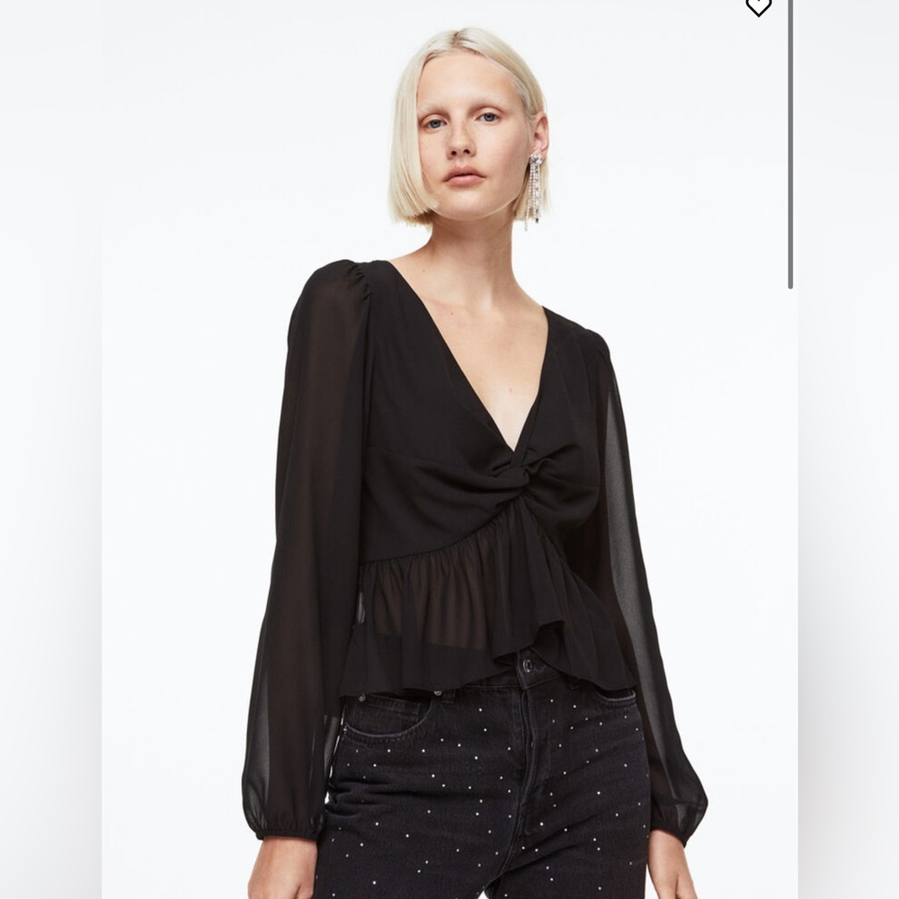 H&M Black Balloon Long Sleeved Peplum Semi Sheer Blouse size Medium